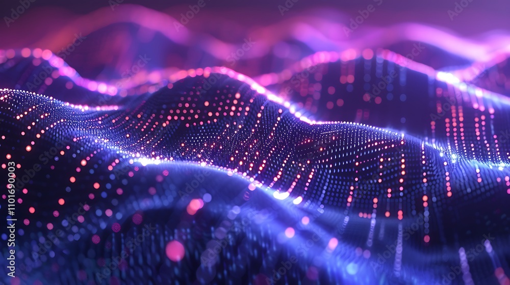 Poster a vibrant, abstract representation of flowing waves with luminous dots, suggesting movement and dept