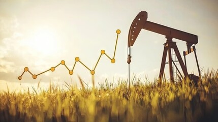 Oil pump jack against a golden horizon, stock market growth line overlaid, tying energy extraction to market performance.