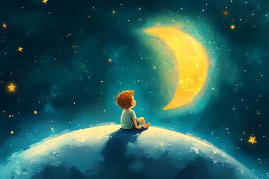 A child gazes at a glowing crescent moon in a starry sky, evoking wonder and imagination.