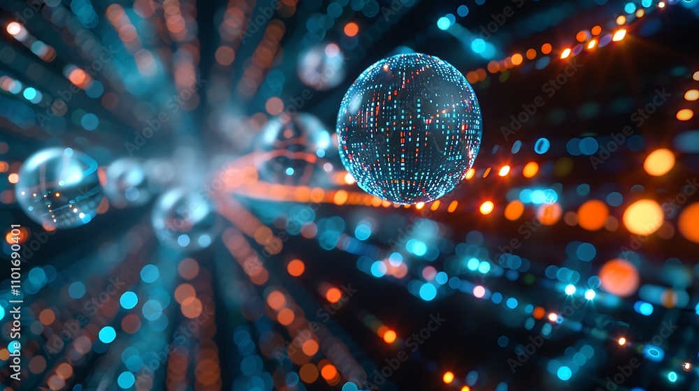 Poster a digital representation of interconnected spheres and lights, suggesting a futuristic data network 