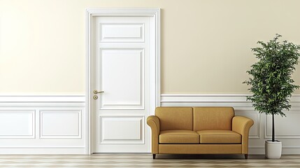 Open white door in a modern interior, showing a simple room with a couch and a green plant nearby.