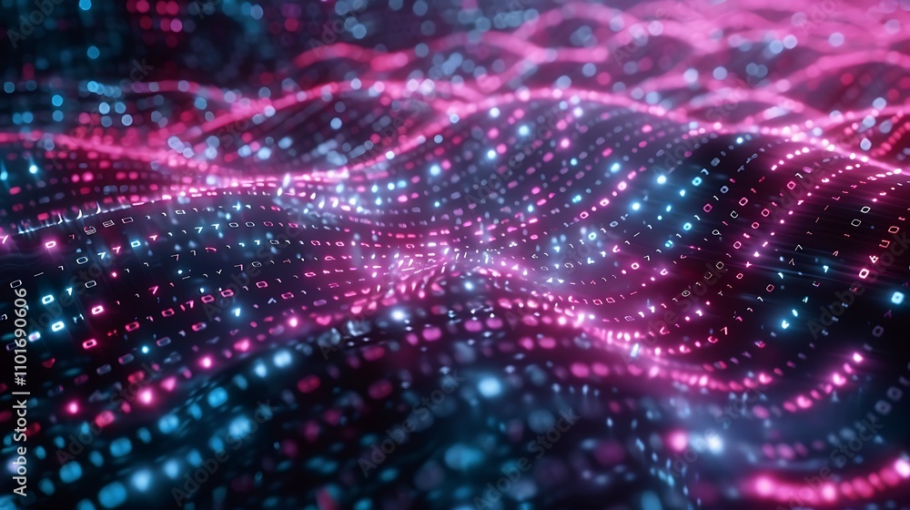 Poster a digital landscape of flowing binary code represented in vibrant colors, symbolizing data and techn