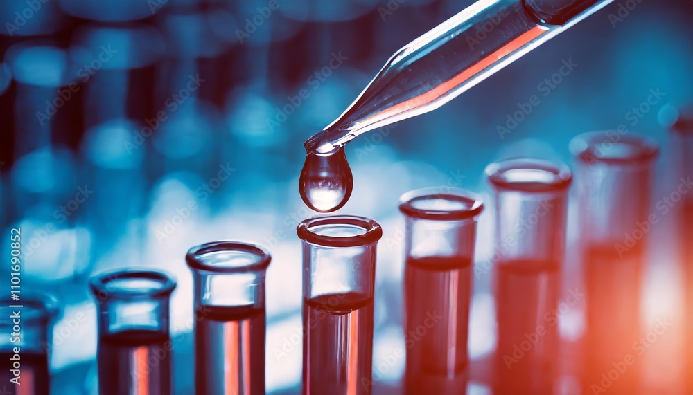 Poster row of test tubes in a science laboratory with a liquid droplet suspended from a dropper, representi