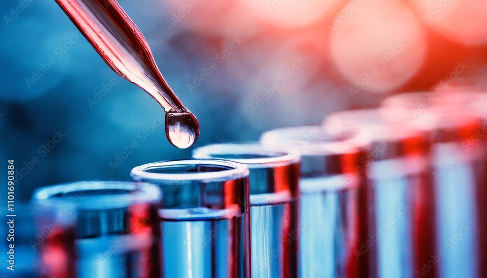 Poster a row of test tubes in a science laboratory setting, featuring a liquid droplet falling from a dropp