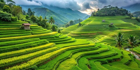 Stunning Rice Terraces: Lush Green Landscape, Candid Photography
