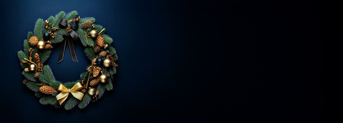 Naklejka premium Navy blue banner with Christmas wreath