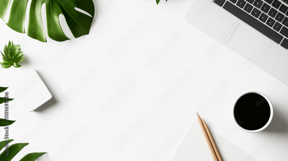 Poster White table copy space office background with office supplies. White empty table template close up workplace tabletop with laptop and plant. Office concept table with coffee cup and pencils
