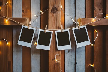 Blank four polaroid photo prints hanging on the clothesline against the wooden wall adorned with string lights