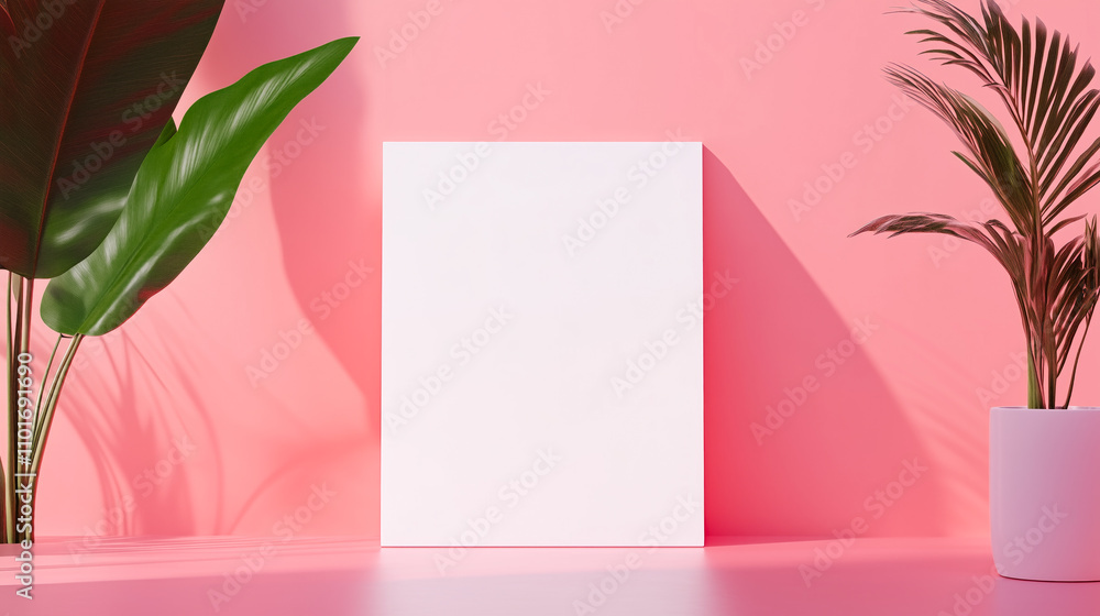 Poster White empty display empty paper background copy space design mock up poster. Empty space room with white empty background with plants and colorful wall