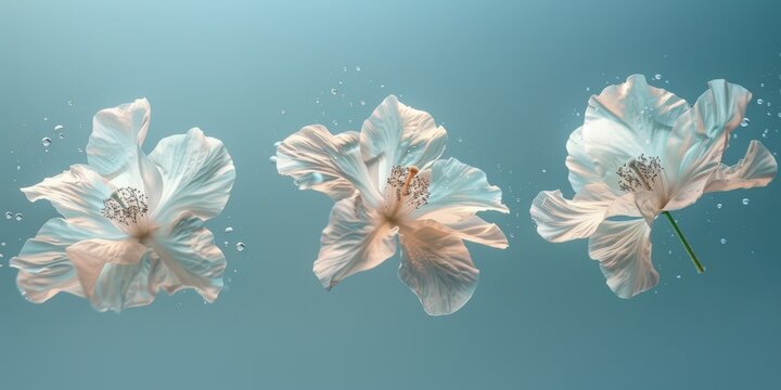Three ethereal white flowers gracefully float in clear blue water, creating a serene atmosphere, This image can be used for wellness, beauty, or nature-themed projects,