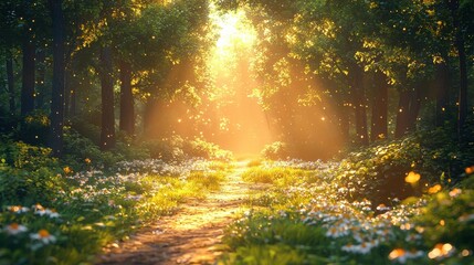 Golden Path: A sun-drenched forest path through a field of white wildflowers.  Sunlight streams through the trees, creating an ethereal glow.  The path leads to a mysterious destination.