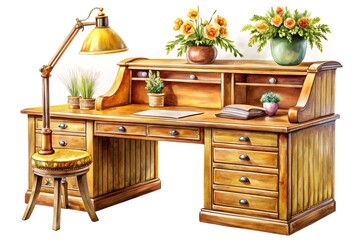 Vintage Roll Top Desk with Computer - Watercolor Illustration