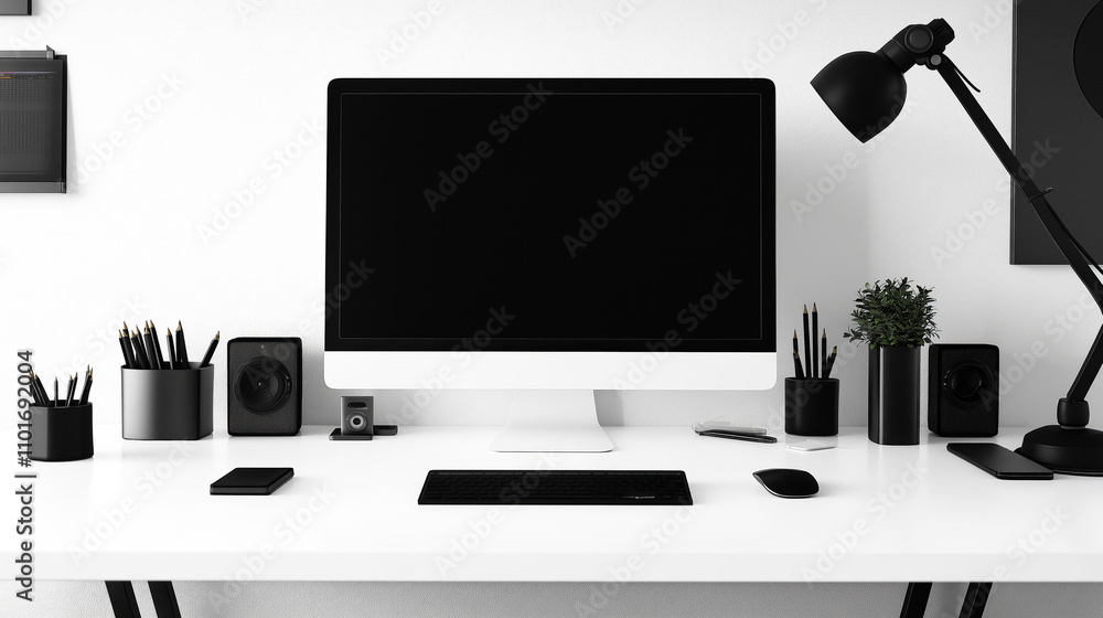 Poster office background table workplace with computer with laptop copy space