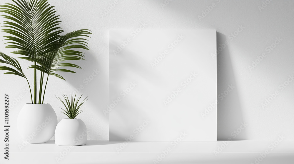 Poster White wall with white empty display blank background and plants mock up. White background with shadows.