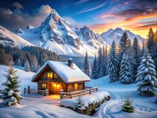 Fototapeta premium Winter Cabin in Snowy Mountains - Holiday Getaway