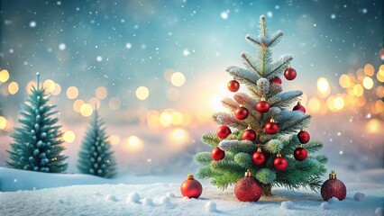 Obraz premium Winter Christmas Fir Tree Red Balls Minimalist Landscape AI Photo