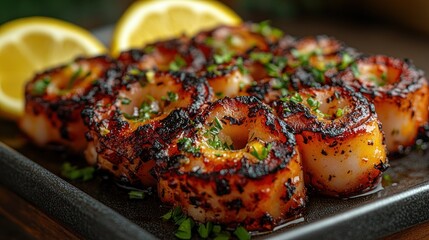 Grilled squid rings, charred and seasoned, garnished with lemon and herbs, served on a dark grey rectangular plate.