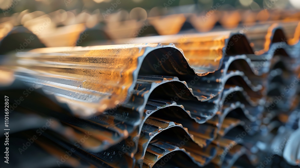 Poster close-up of stacked corrugated metal sheets with a focus on texture and color variations.