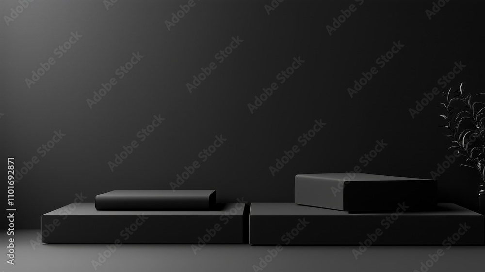 Aufkleber Black dark empty background table with geometric forms and light. Black room with black empty table mock up