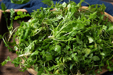 fresh shepherd's purse vegetable on wooden table.