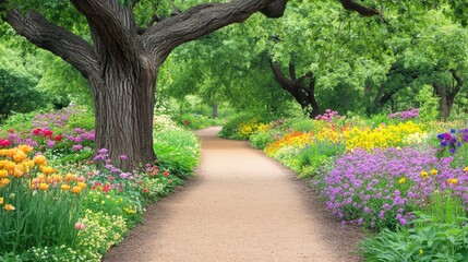Quiet wooded path lined with wildflowers, thick greenery on either side, and a stately tree to the left.