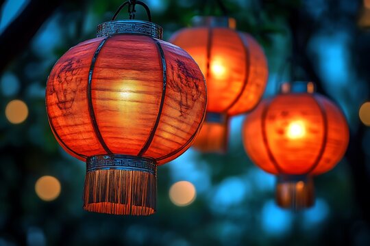 Stunning illuminated paper lanterns shining at night at the chinese lantern festival - Powered by Adobe
