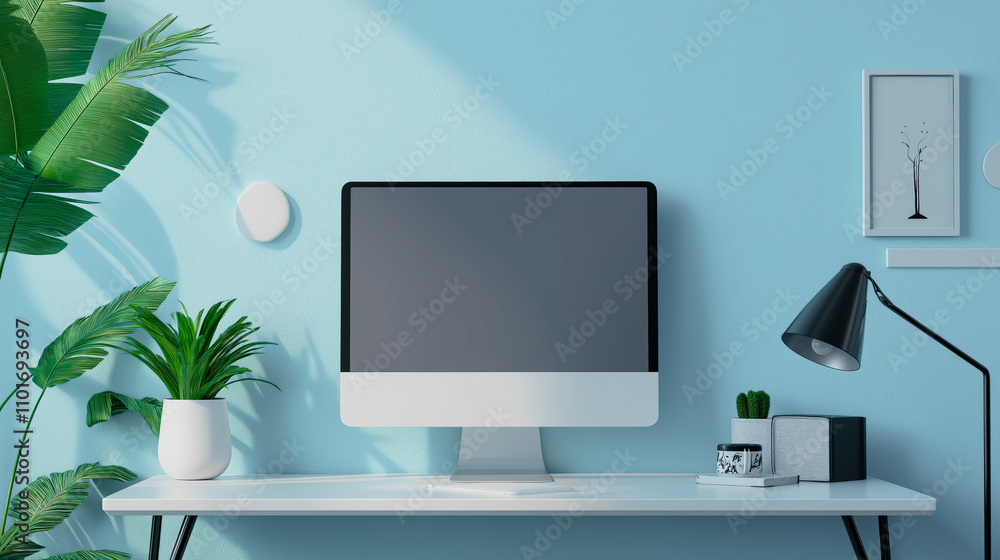 Aufkleber office background table workplace with computer with laptop copy space