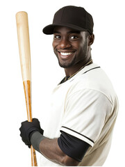 Smiling baseball player holding bat, ready for game