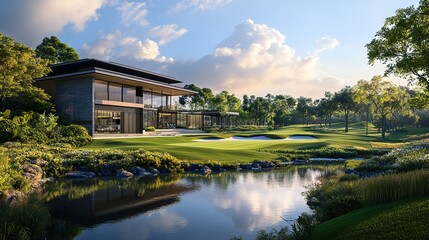 Obraz premium Modern house on a golf course by a pond at sunset.