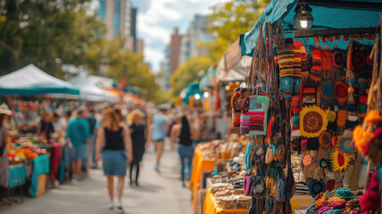 vibrant street market showcasing local artisans and colorful crafts, filled with handmade goods and lively atmosphere. Visitors explore various stalls under bright canopies