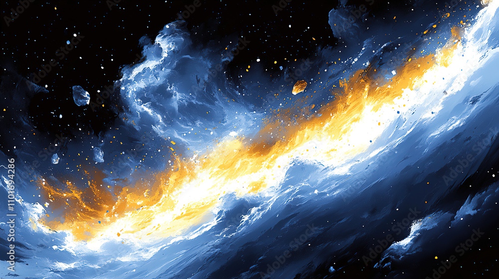 Poster vivid depiction of a cosmic scene with swirling clouds and bright eruptions in a deep space backgrou