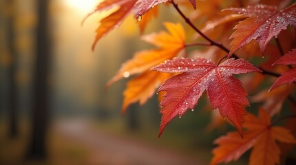 A close-up macro shot of a curled autumn leaf, resembling a canyon. The leaf&rsquo;s veins form intricate patterns, while golden-orange tones dominate the frame. Tiny water droplets are scattered across it