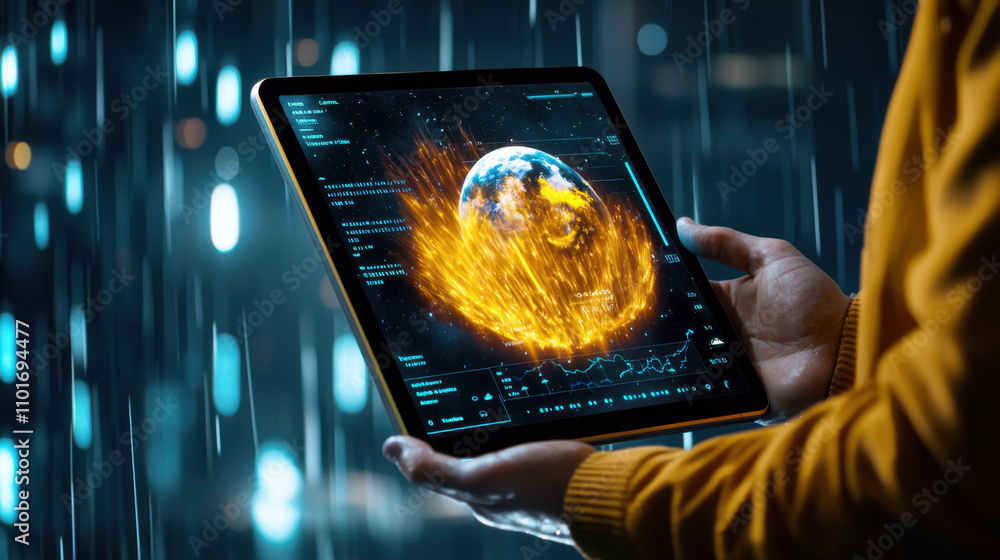 Poster futuristic tablet displaying real time weather data with earth visuals
