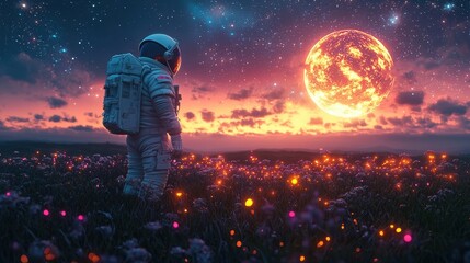 Obraz premium Astronaut in Bioluminescent Field: An astronaut stands in awe, gazing upon an otherworldly sunset and fiery planet, surrounded by a breathtaking field of bioluminescent flowers.
