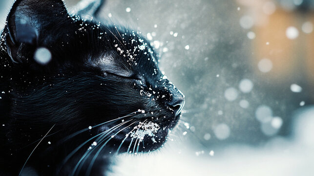 close up black cat in the snow