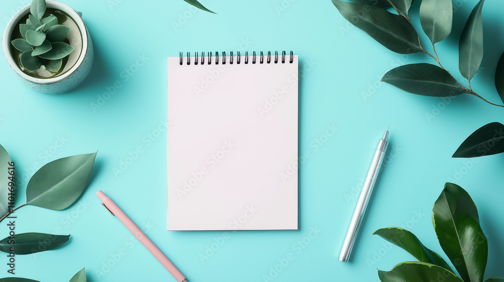 Poster Blue table copy space office background with office supplies and notebook. White empty table template close up workplace tabletop with laptop and plant. Office concept table with