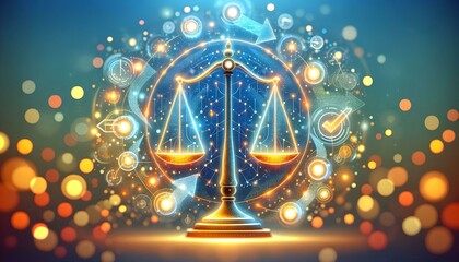 Flat Bokeh Digital Art with Glowing Financial Compliance Planning Icons for Corporate Ads