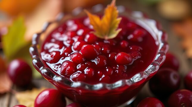 Macro detail of a cranberry sauce in a crystal dish, the glossy berries reflecting light and surrounded by autumn leaves.