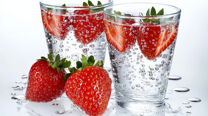 Fresh strawberries in sparkling water create refreshing drink. This healthy choice is perfect for hydration and adds vibrant touch to any occasion
