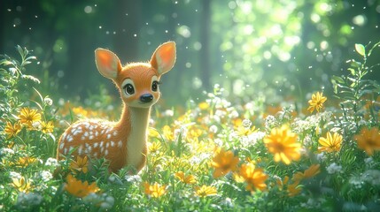 Fawn in Flower Meadow: A charming fawn amidst a vibrant field of yellow and white flowers, bathed in soft sunlight.  A whimsical digital illustration perfect for children's books, greeting cards.