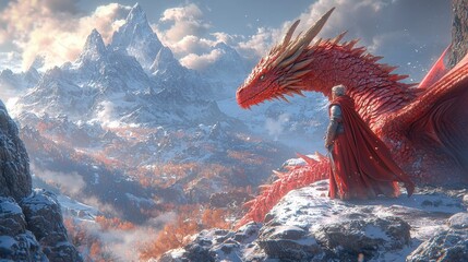 Dragon and Rider: A majestic red dragon perched on a snow-capped mountain, its scales shimmering in the sun. Beside it stands a lone rider, clad in crimson, gazing out at the vast.
