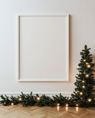 Christmas Mockup Blank Frame Decorated Tree Lights