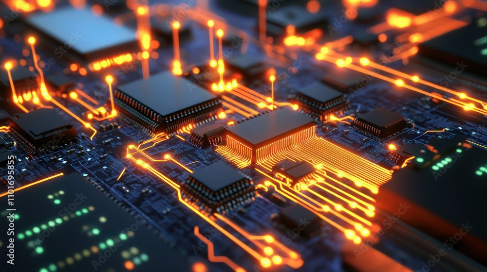 Aufkleber array of microchips and processors interconnected by glowing fiber optic cables, highlighting data t