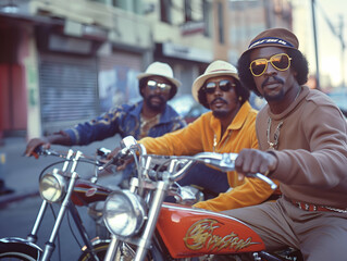 Three stylish bikers sporting sunglasses and hats strike a pose on their custom chopper motorcycles, radiating a hip and defiant vibe in a vintage city setting reminiscent of the 1970s