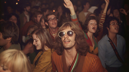 Excited audience at a 1970s charity concert, showcasing vintage hairstyles and fashion, fully engaged in the dynamic energy of a live music event