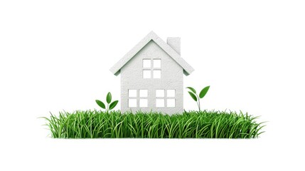 A minimalist house model surrounded by vibrant green grass and small leaves, symbolizing eco-friendliness and sustainability.
