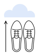 Pair of outlined shoes beneath a blue cloud with an upward arrow. Ideal for motivation, ambition, progress, goals, stepping up, growth, upward mobility. Line metaphor