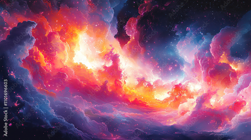 Poster vibrant cosmic cloud formation illuminated by interstellar light in a stunning display of color and 