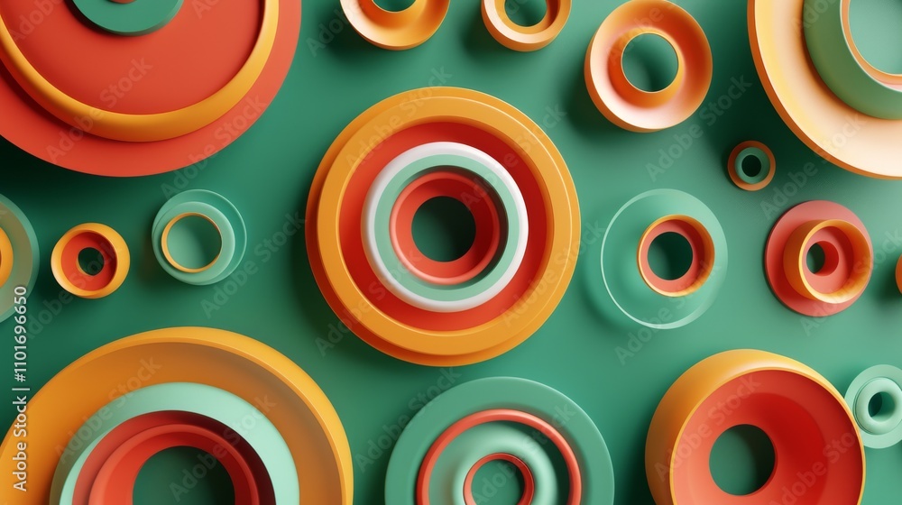 Aufkleber warm-toned rings in various sizes are placed against a green backdrop, forming an abstract geometric