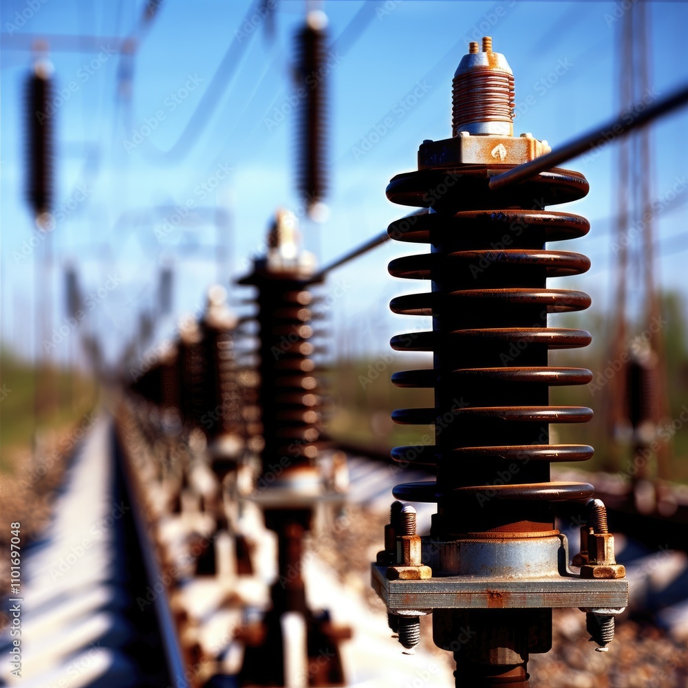 Poster a close-up of a railway insulator with power lines in the background, showcasing intricate details a